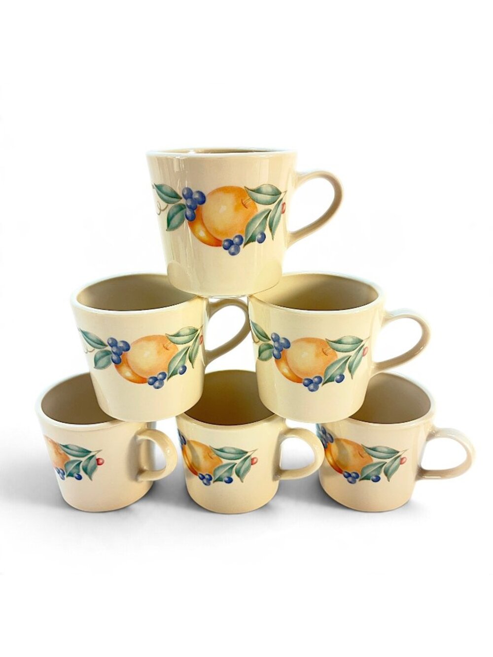 VTG Corelle Corning Abundance Set Of 6 Coffee Tea Cups Beige Fruit Peach Design